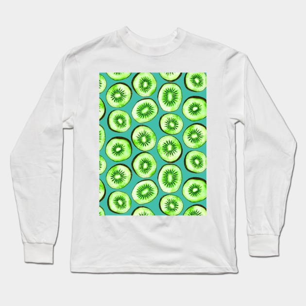 Kiwi slices on turquoise Long Sleeve T-Shirt by katerinamk